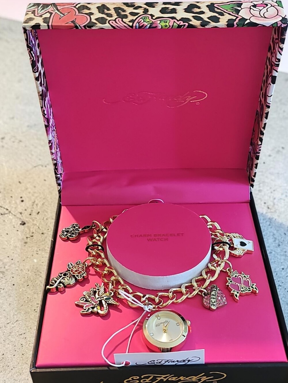 Ed Hardy  Nwt Gold Charm Bracelet Watch with Pink Enamel Accents